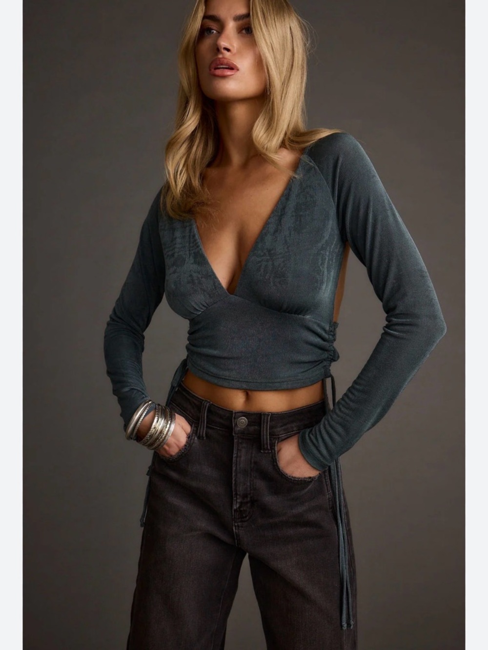 12th Tribe V Neck Cut Out Backless Ruched Long Sleeve Crop Top in Emerald Size S - Picture 3 of 5
